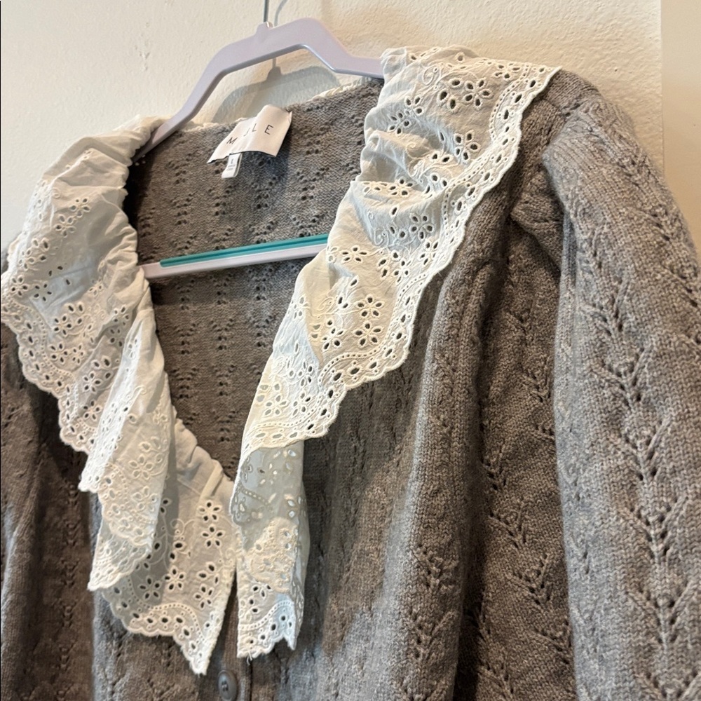 Mable Adley Lace Collar Cardigan Gray Cable Knit Eyelet Collar Large - Picture 5 of 10